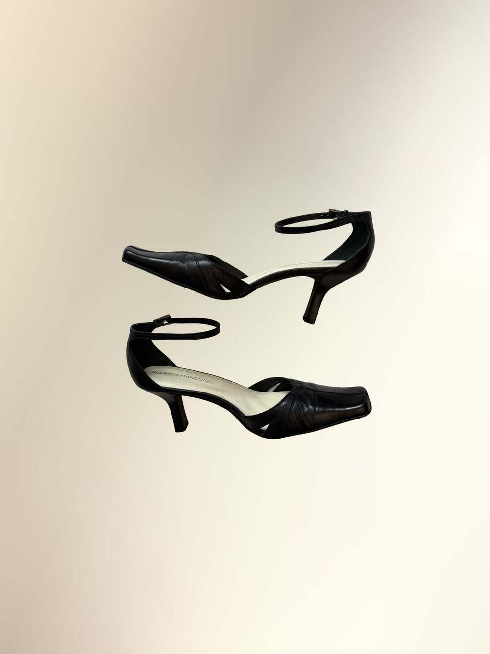 Hillard & Hanson Black Leather Square Toe Ankle Strap Heels 7.5